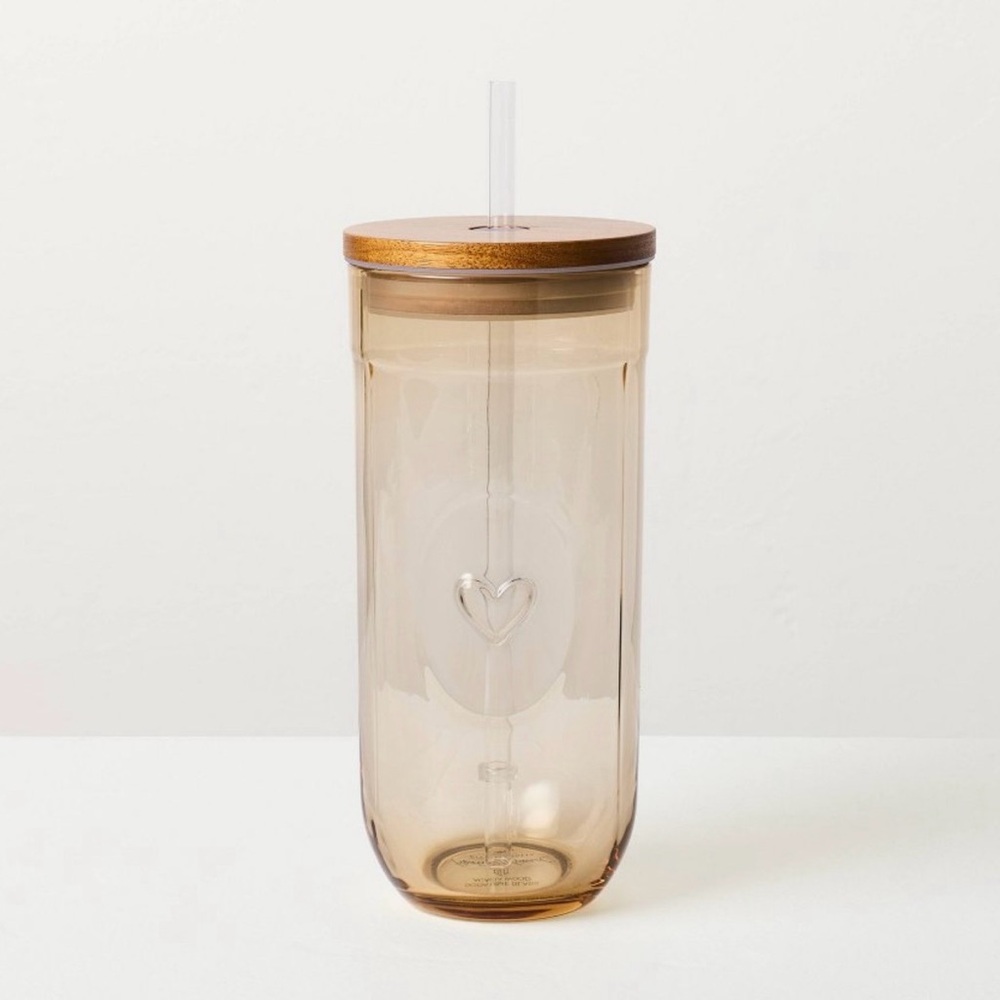 Hearth & Hand Magnolia Fluted Glass Tumbler Wooden Lid Brown Heart 21oz NEW